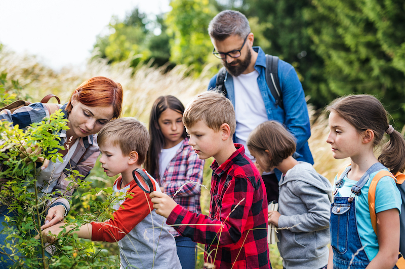 Group of school children with teacher on field trip in nature, learning science.