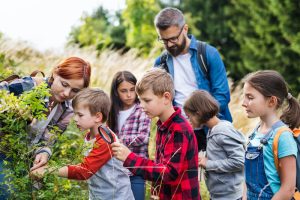 Group of school children with teacher on field trip in nature, learning science.